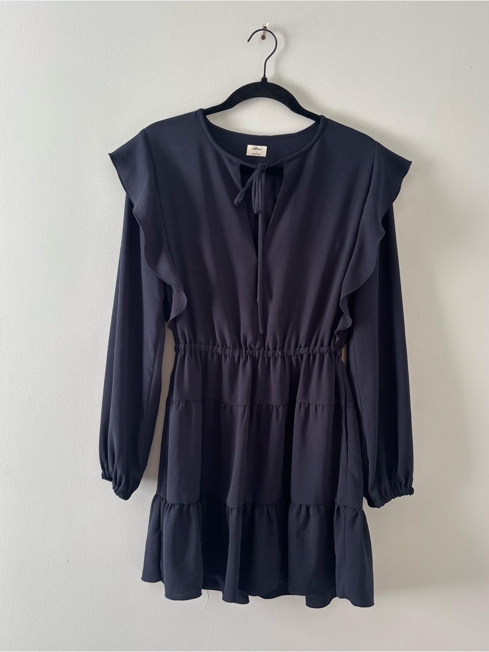 Wilfred Marvelle Dress Long Sleeve Mini Ruffled Neck Tie Tiered Blue Aritzia